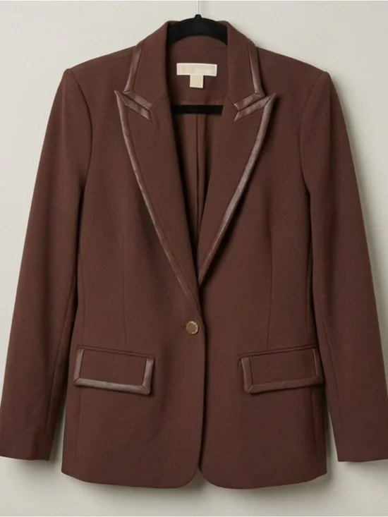 Michael Kors Chocolate Brown/Deep Plum Blazer with Faux-Leather Trim