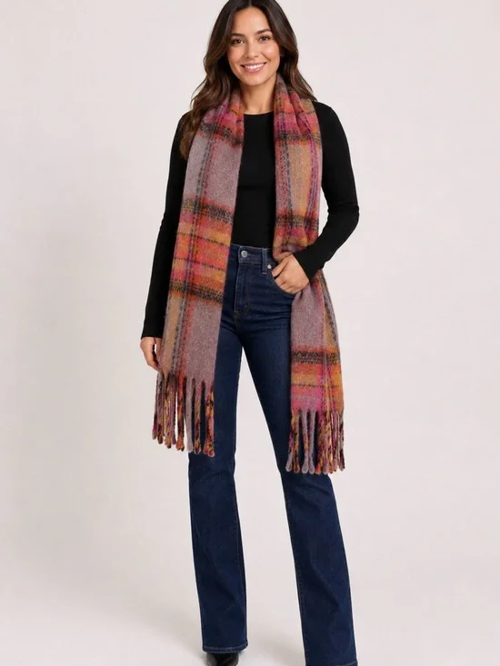 Grey pink and yellow plaid cozy scarf with tassels