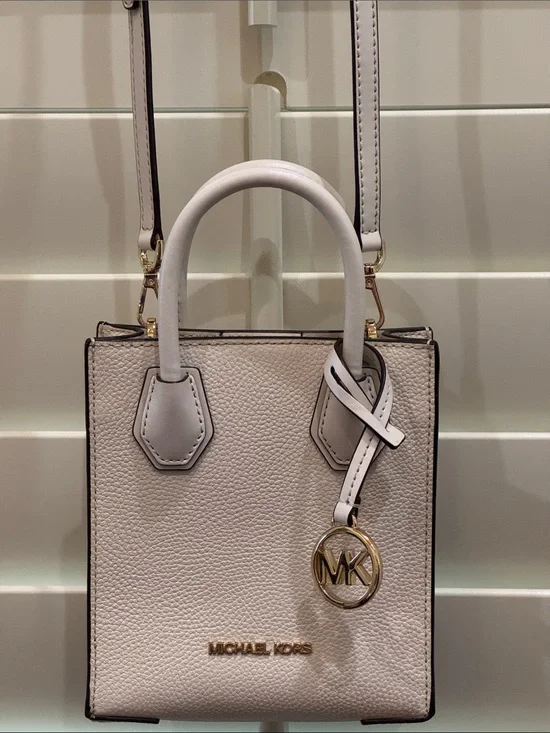 Michael Kors Cream Pebbled Leather Crossbody Tote with Gold MK Charm