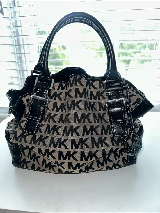 Michael Kors Black and Beige MK Logo Satchel