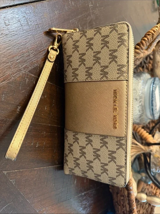 Michael Kors Beige and Brown Logo Zip Wristlet