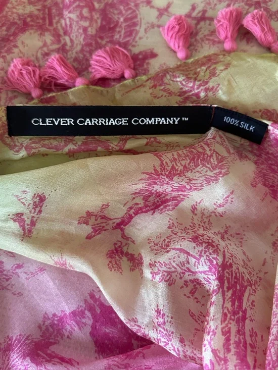 Vintage  Clever Carriage Company 100% Silk Pink & Cream Tassel Scarf 72x48”