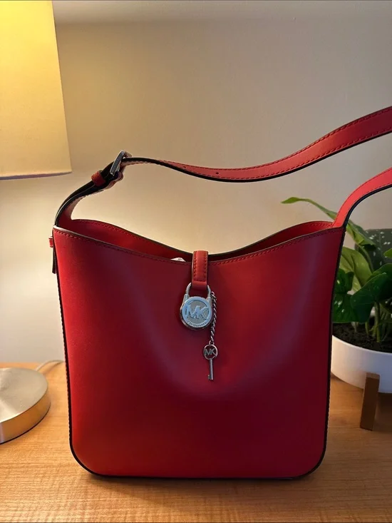 Michael Kors Red Leather Lyra Small Bucket Shoulder Bag with MK Charm