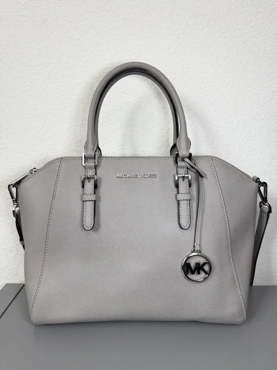 MICHAEL KORS Ciara Light Gray Large Saffiano Leather Satchel