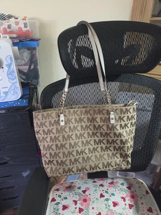 Michael Kors Tan/Brown MK Logo Tote with Chain-Detail Straps