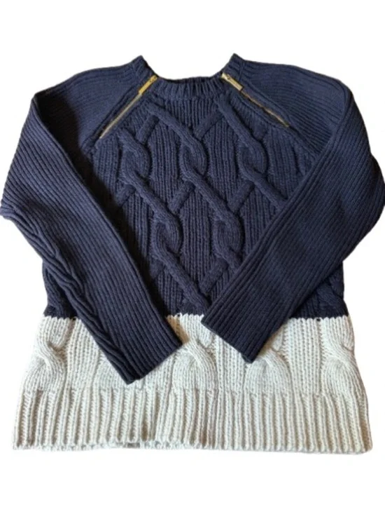 Michael Kors navy blue Sweater with Cream Hem and Gold Zipper pulls size L