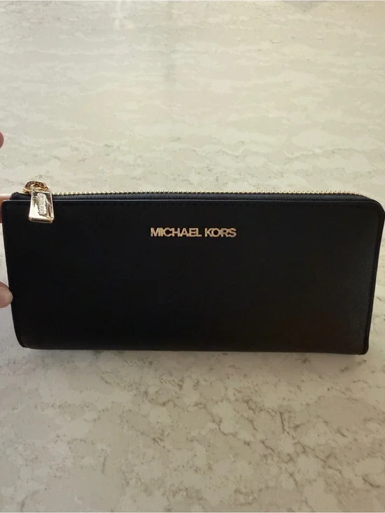 Michael Kors Black Zip Around Saffiano Wallet with Gold Logo