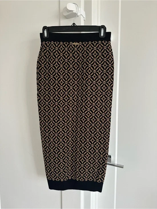 Michael Kors Black and Beige Geometric Knit Midi Skirt