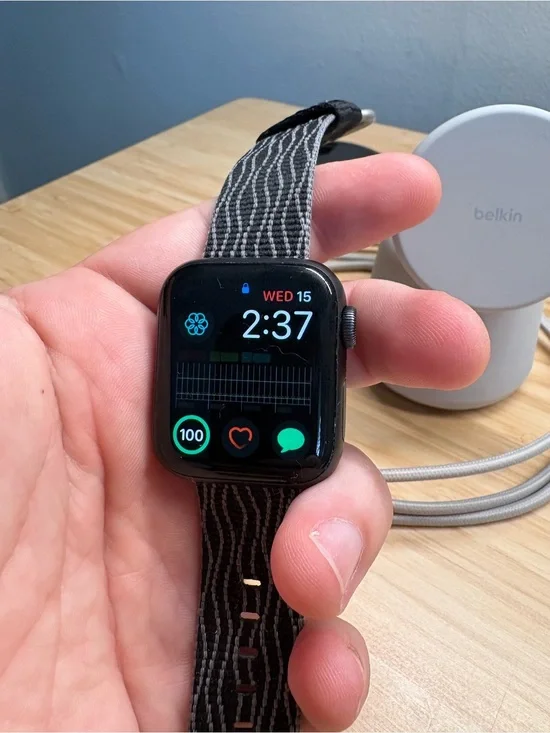 Apple Watch - Black Case with Gray Patterned Woven Band