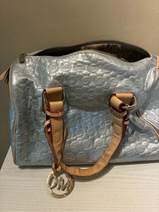 Michael Kors Silver Logo-Embossed Satchel with Tan Handles