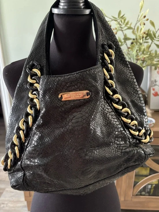 Michael Kors Black python hobo Shoulder Bag with Gold Chain Trim
