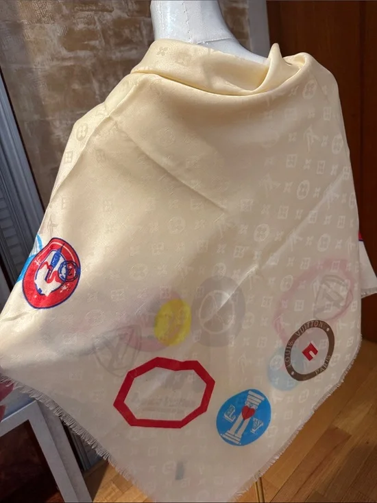 Louis Vuitton Cream Silk Scarf with Multicolored Patch Motifs