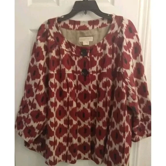MICHAEL Michael Kors Topper Jacket 3/4‎ Sleeve Button Front Red Print Plus