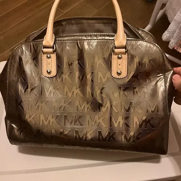 MICHAEL Michael Kors Gunmetal Metallic Mirror Signature PVC Satchel