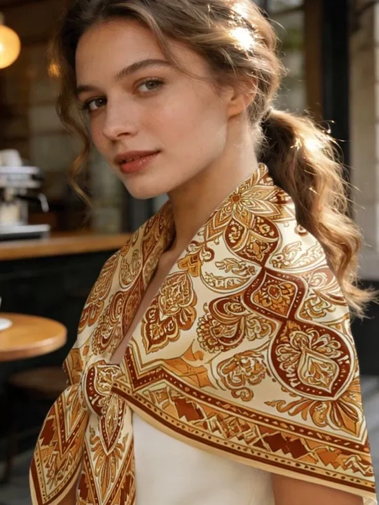 Gold Tone  Paisley Scarf in Cream and Brown - Silky Soft