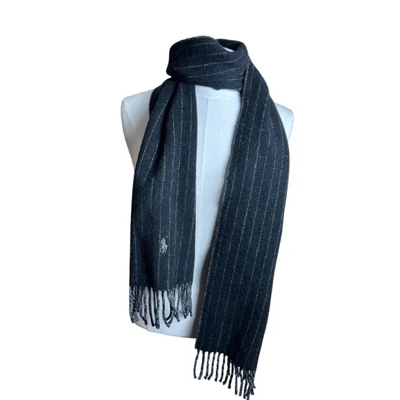 Polo Ralph Lauren Scarf Reversible‎ Gray Plaid Striped Made in Italy Preppy Chic