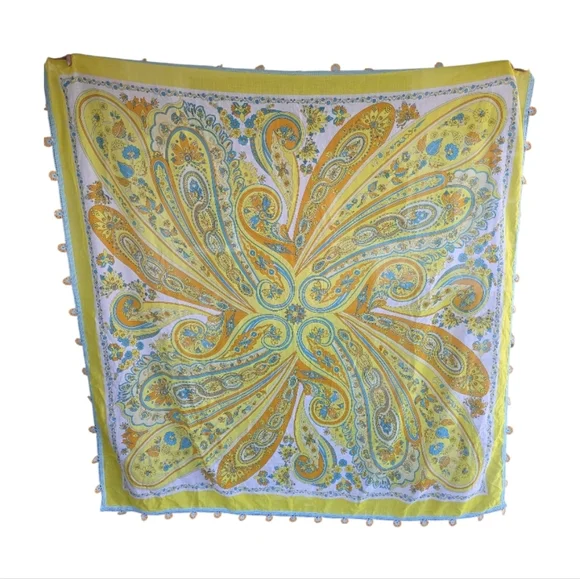 Vintage Huge Scarf Wrap Crochet Trim Resortwear Yellow Paisley Scarf