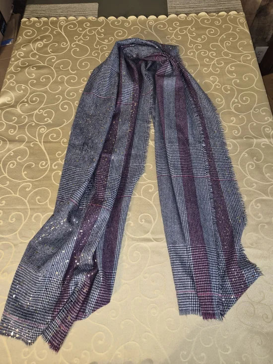 Top It Off sequin and purple plaid scarves