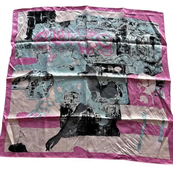 Satin Finish Silk scarf neckerchief square in pink blue modern abstract art look
