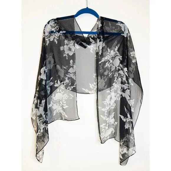 Black Sheer Floral Chiffon Scarf Wrap Shawl Romantic Goth Whimsigoth