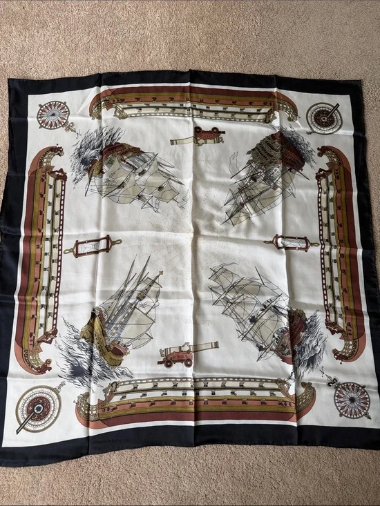 Classic Nautical Print Silk Scarf in Cream, Black and Brown