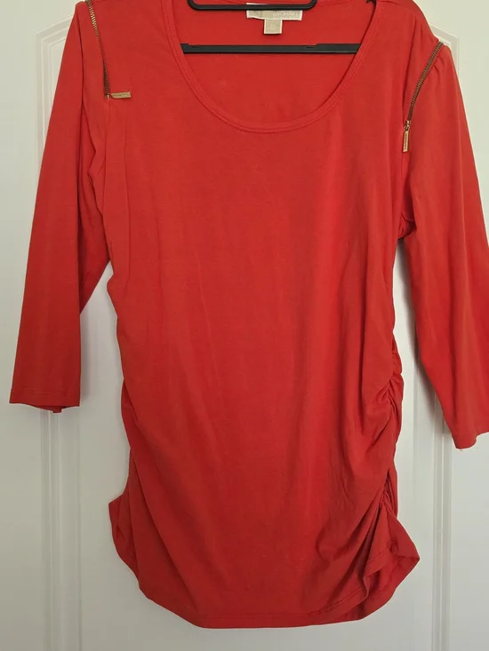 Michael Kors Red Scoop Neck Long Sleeve Top with Gold Zipper Accents