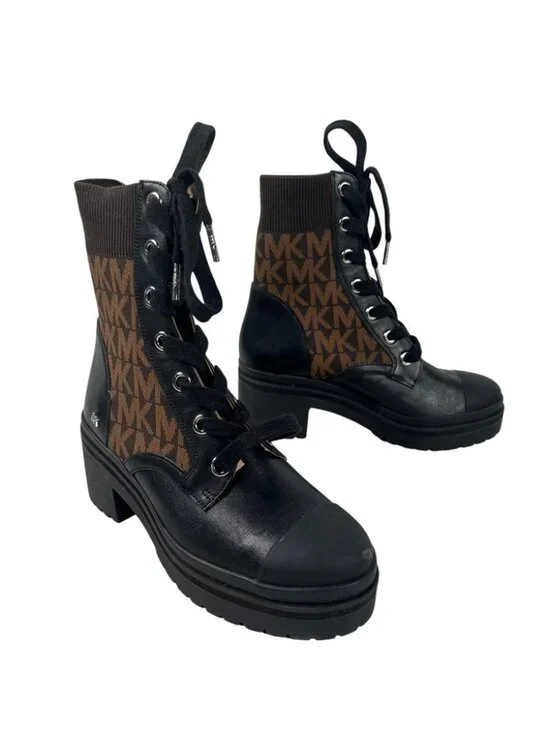 MICHAEL MICHAEL KORS Brea Leather and Logo Jacquard Combat Boot Size 6
