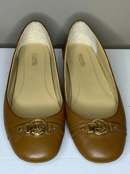 Michael Kors Ballet Flats Fulton Brown Saffiano Leather Gold MK Logo Women's 8.5