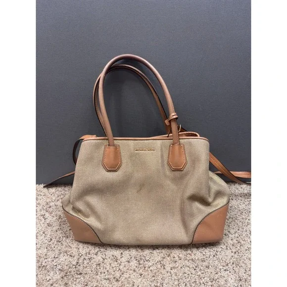 Michael Kors Tote Bag Womens Gold Tan Metallic Woven Leather Trim Satchel Medium