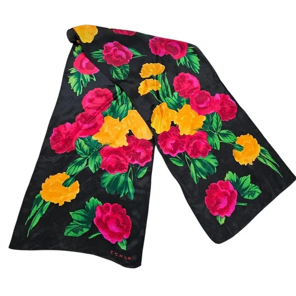 Echo‎ Scarf Womens Black Pink Floral Rose Elegant Chic Old Money Classic Preppy