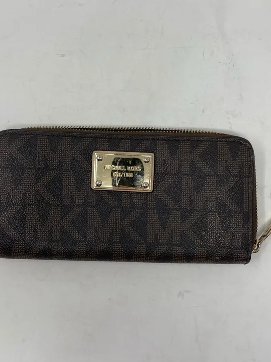 Michael Kors Dark Brown MK Logo Zip-Around Wallet with Gold Plaque