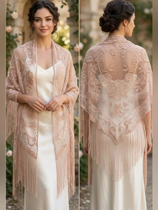 Floral Lace Fringe Shawl Scarf Wrap in Cream Blush Beige