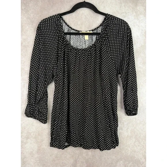 Michael Kors Blouse Womens L Black Polka Dot 3/4 Sleeve Viscose Scoop Neck