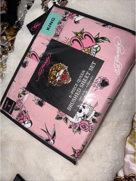 ED HARDY King Pink Sheet Set 6pc New Flowers Skull Roses Heart Grunge Y2K
