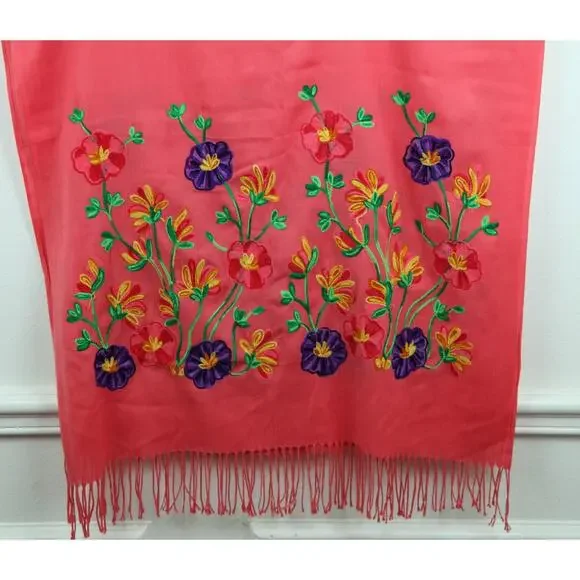 Womens Scarf Pink Floral Embroidered Dainty 26