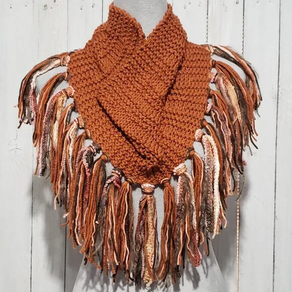 Cowl Scarf Fringe Hand Knitted Orange Rust Women's Boho Hippie Artsy Earthy Glam