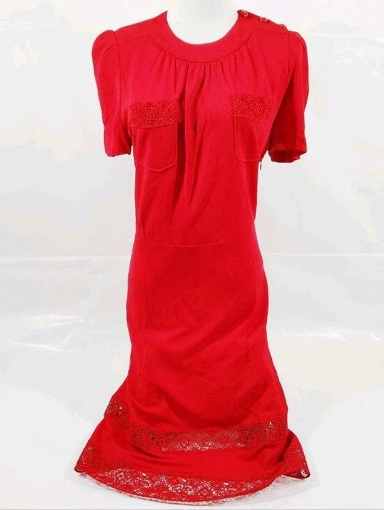 Louis Vuitton Red Short Sleeve Rayon Silk Cotton Polyester Lace Trim Midi Dress