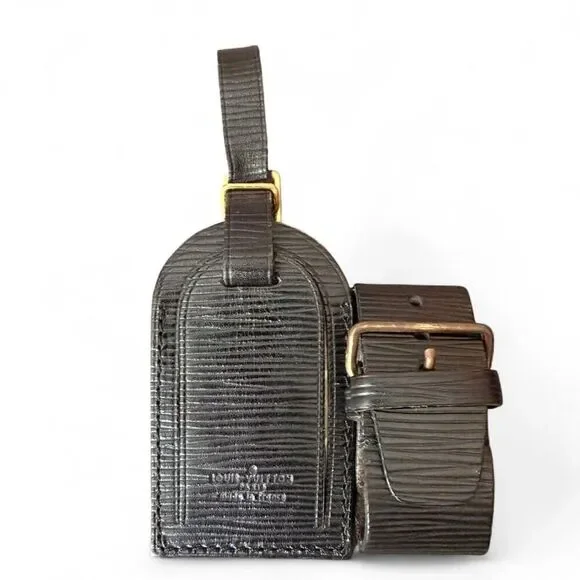 Louis Vuitton Black Epi Leather Luggage Tag & Strap Set Gold Made in France