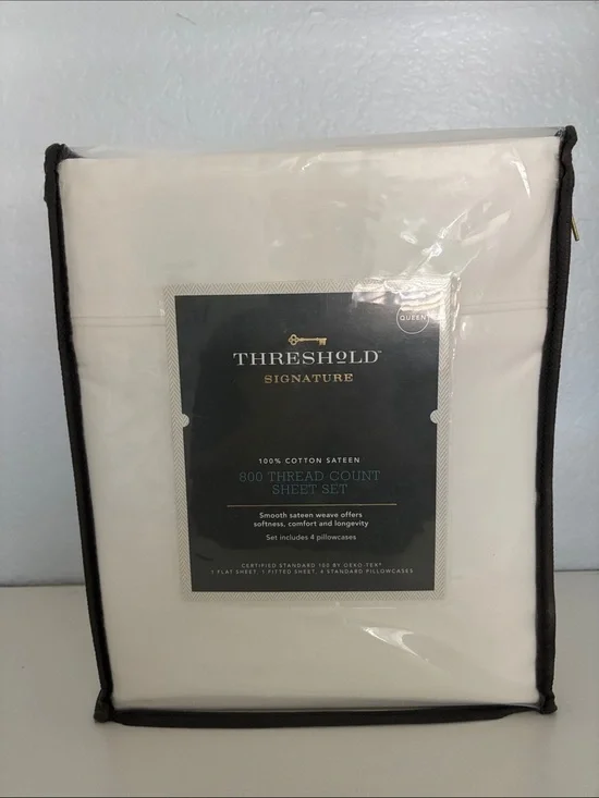 Threshold White Cotton Sateen Sheet Set with Dark Trim