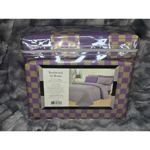 New Traditional At Home King 6 Piece Sheet Set  Purple‎ Gold Checkered