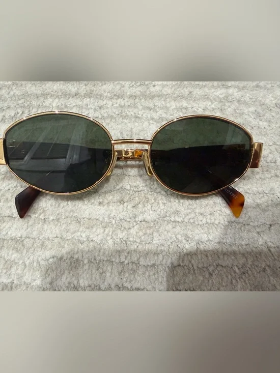 Gold Frame Oval Sunglasses with Dark Green Lenses