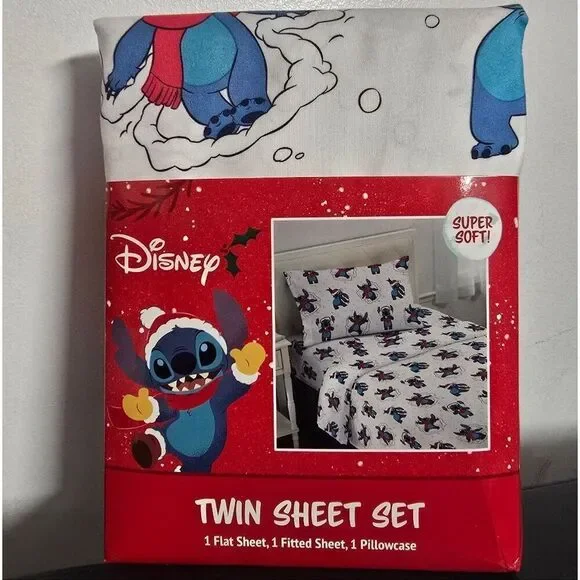 Disney Lilo & Stitch Twin Sheet Set Holiday 3 Piece Set Christmas Sheets New