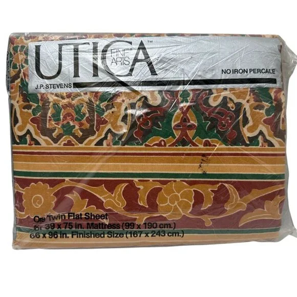 UTICA Cacharel Twin Flat Sheet New Vintage 1970s Brown Shawl Pattern Percale