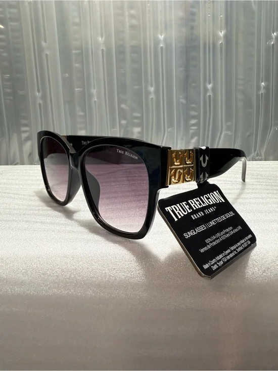 Women’s True Religion Cat Eye Sunglasses Black & Gold Square Oversized-NWT