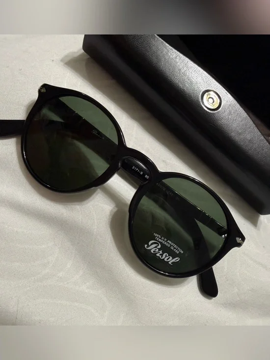 Persol Black Frame Sunglasses with Green Lenses