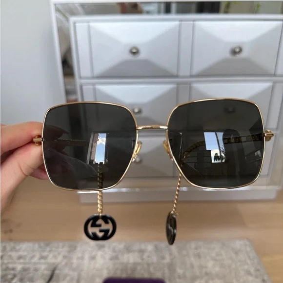 Gucci Gold Metal Square Sunglasses with Dark Gray Lenses