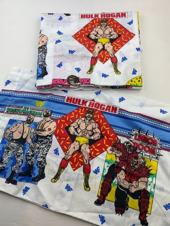 WWF Sheet Twin Flat Sheet Pillow Case 1991 Hogan Macho Savage Warrior Jake Snake