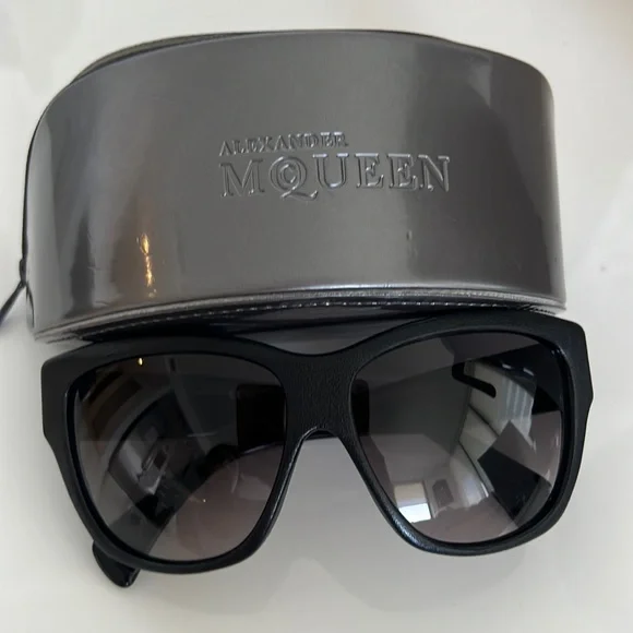 Alexander McQueen Black Leather Wayfarer Sunglasses Grey Lens w/ Case