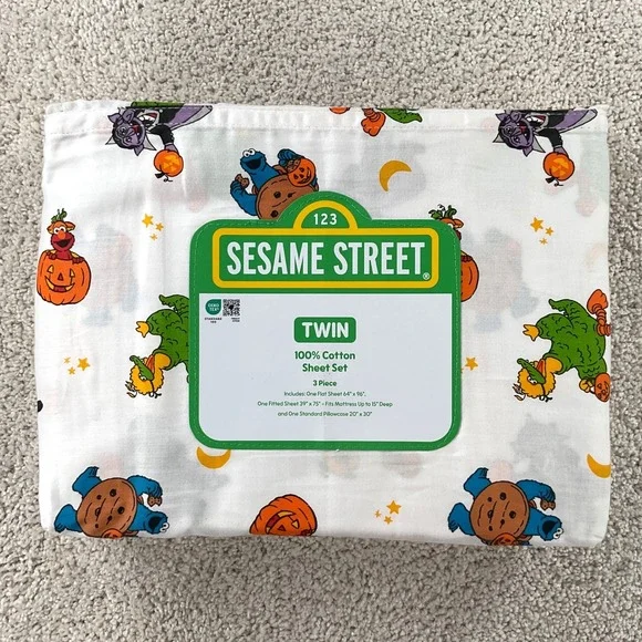 Sesame Street Halloween Twin Sheet Set 3pc 100% Cotton Elmo Cookie Monster NEW