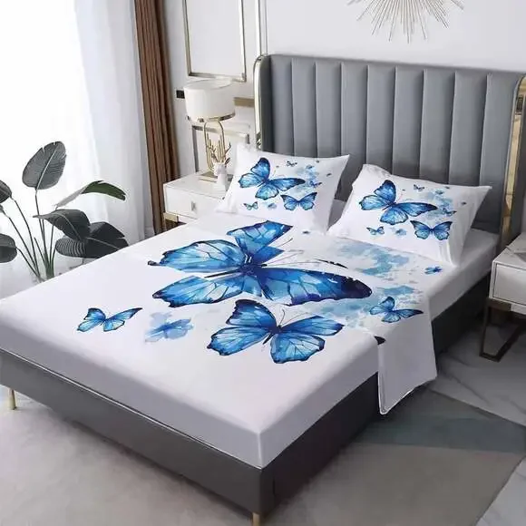 Blue Butterfly Bed Sheet Set 4-Piece Queen Bedding